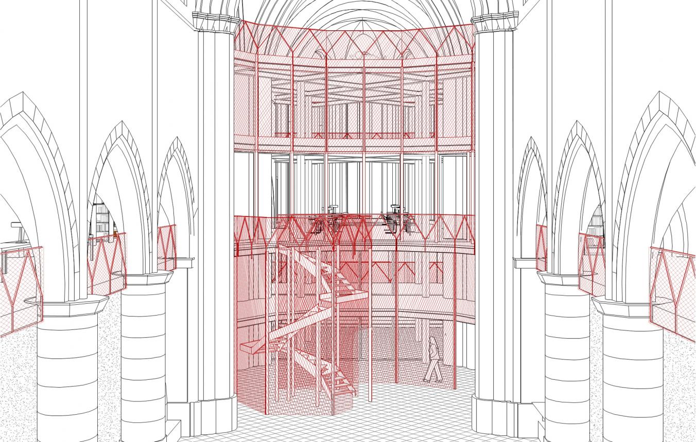 Conceptual image for the reallocation of the St. Hubertus Church in Berchem to the new archive and cultural house 'Hubert' of the Flemish Architecture Institute