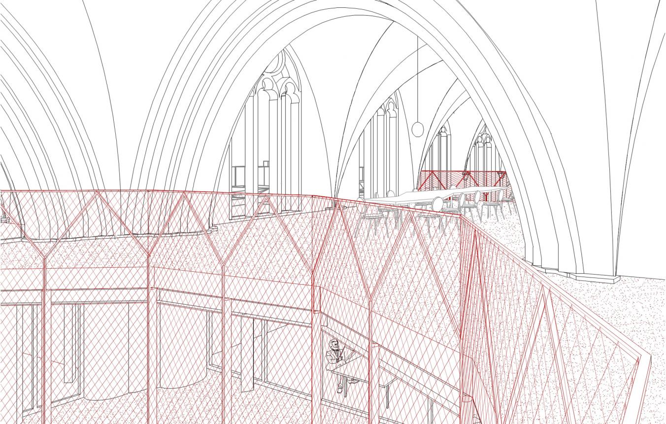 Conceptual image for the reallocation of the St. Hubertus Church in Berchem to the new archive and cultural house 'Hubert' of the Flemish Architecture Institute