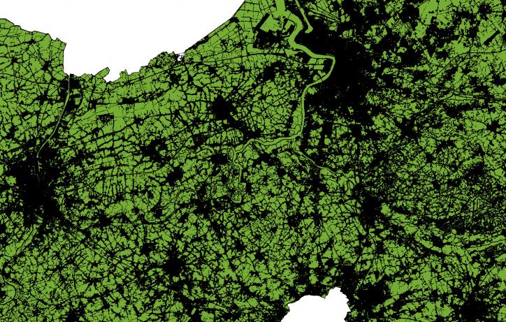 Kaart van het ruimtebeslag (landoppervlakte zonder landbouw, water en natuur) in de Vlaamse Ruit
