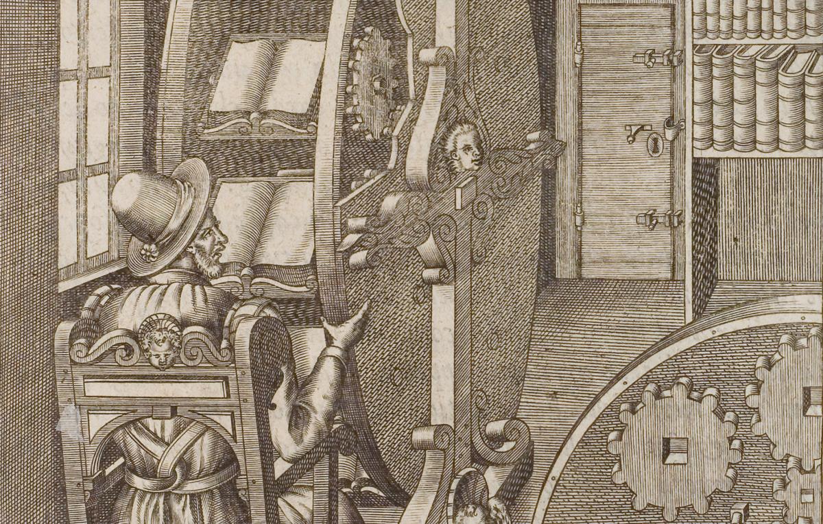 Agostino Ramelli’s ‘boekenwiel’ (1588), uit Ana Torfs' Story Generator (2015)