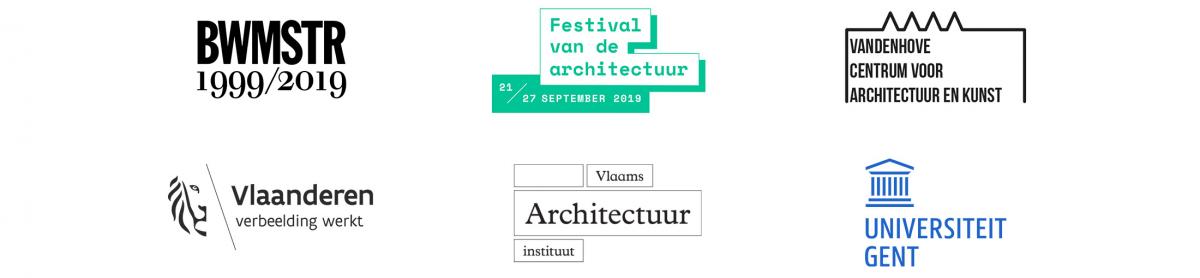 Logo's 20 jaar Vlaams Bouwmeester, Festival van de architectuur, VANDENHOVE Centrum voor architectuur en kunst, Vlaanderen verbeelding werkt, Vlaams Architectuurinstituut en Universiteit Gent